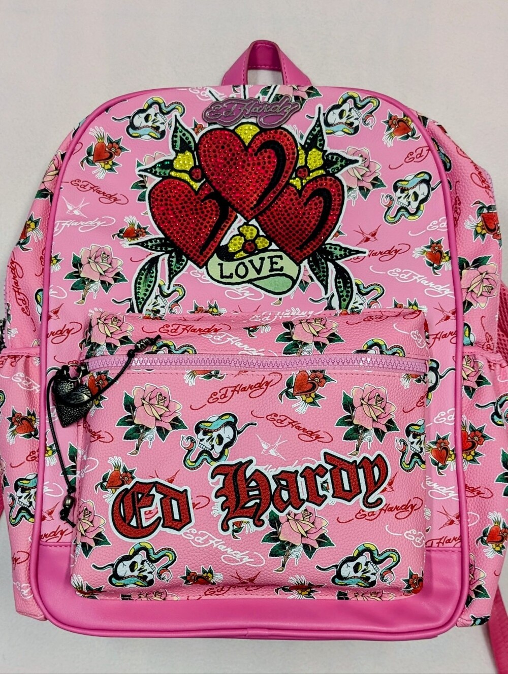 Ed Hardy Rhinestone Tattoo Graphic Backpack NWT Designer School Travel Bag